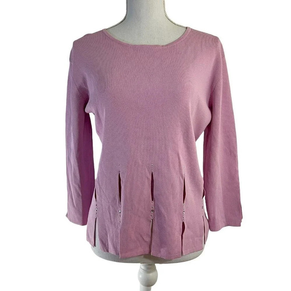 Attitude Y2K Pink Blouse Slit Hem Rhinestone Embellished Stretch Bling Stretch - Picture 1 of 10